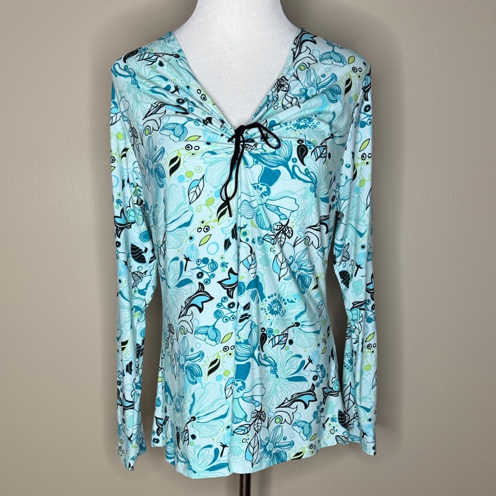 Tomorrow’s Mother womens maternity long sleeve blue floral stretch blouse size L